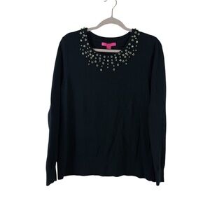 LILLY PULITZER womens sz XL Odetta black jeweled extra fine merino wool sweater